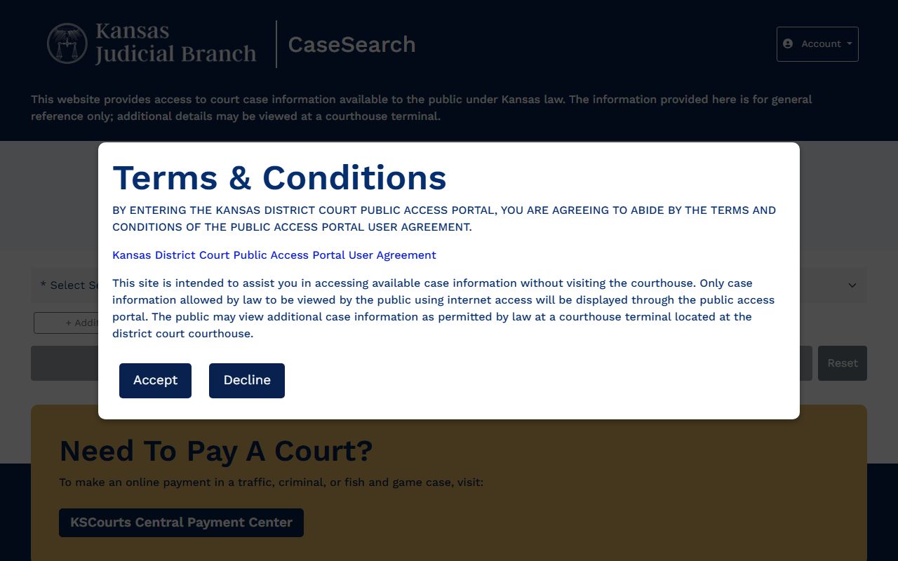 Washington County court records after arrest Kansas CaseSearch page